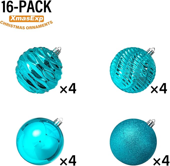 XmasExp 16ct Christmas Balls Ornaments - Shatterproof Large Hanging Ball Decorative Xmas Balls for Holiday Wedding Party Xmas Tree Decoration(3.15"/80mm, Lake Blue)