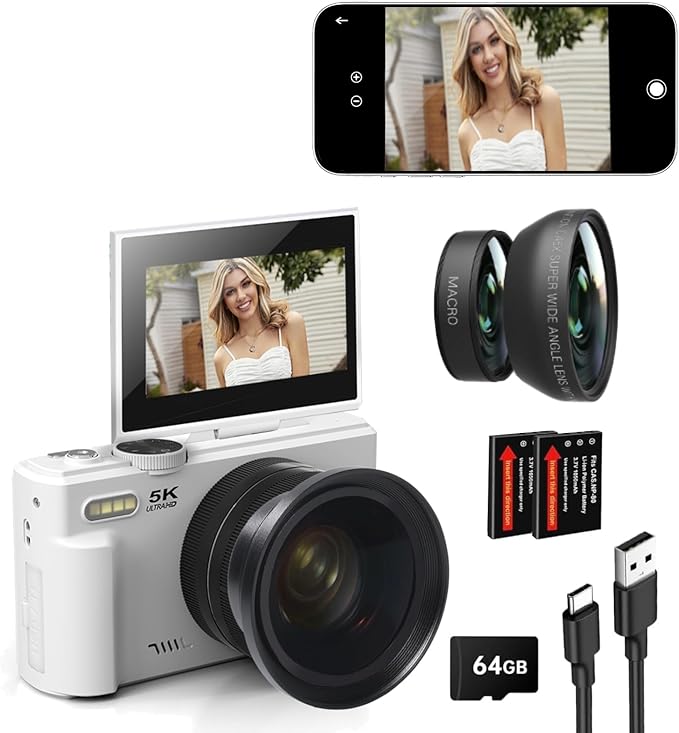 5K 75MP Digital Camera 18X Digital Zoom, Upgraded Vlogging Cameras with WiFi & Mic, Wide Angle & Macro Lens, 3" 180°Flip Screen Webcam Travel Cameras for Teens, Beginner with 64GB Card, HDMI