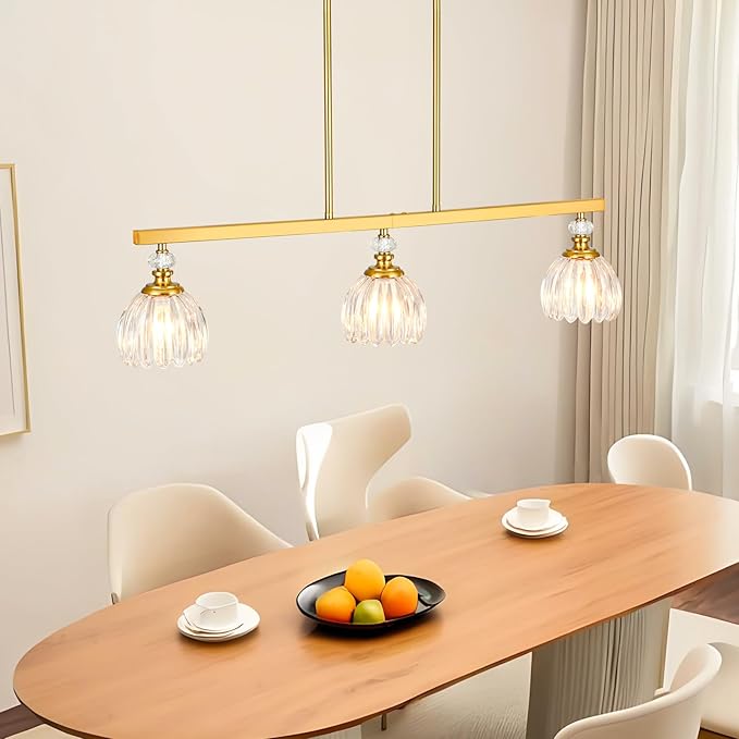 Gold Island Light for Kitchen, 3-Light Linear Chandelier for Kitchen Island with Tulip Glass Shades, Brushed Gold Finish Hanging Light Pendant Fixture Over Dining Table