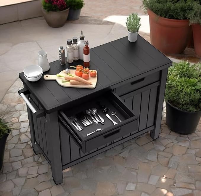 Outdoor Space with This Versatile Outdoor Grill Table with Storage and Drawers in Graphite Gray - Perfect for Entertaining with Ample Storage and Sleek Design