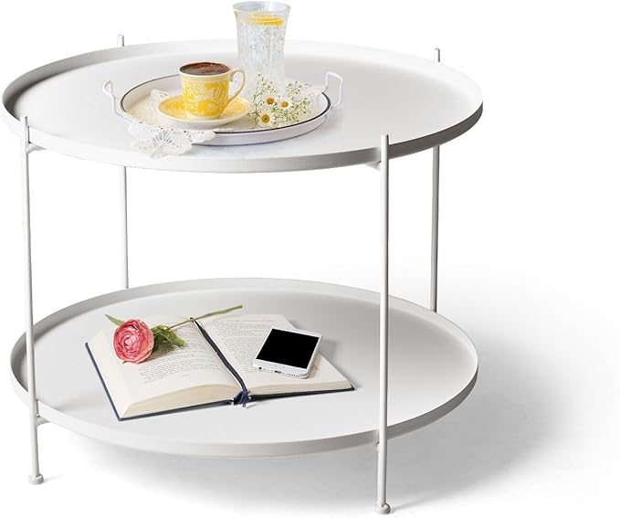 Modern Metal Table,Round Coffee Table with Storage Indoor/Outdoor, Coffee Tables for Living Room (White, 2-Tier 27.6")