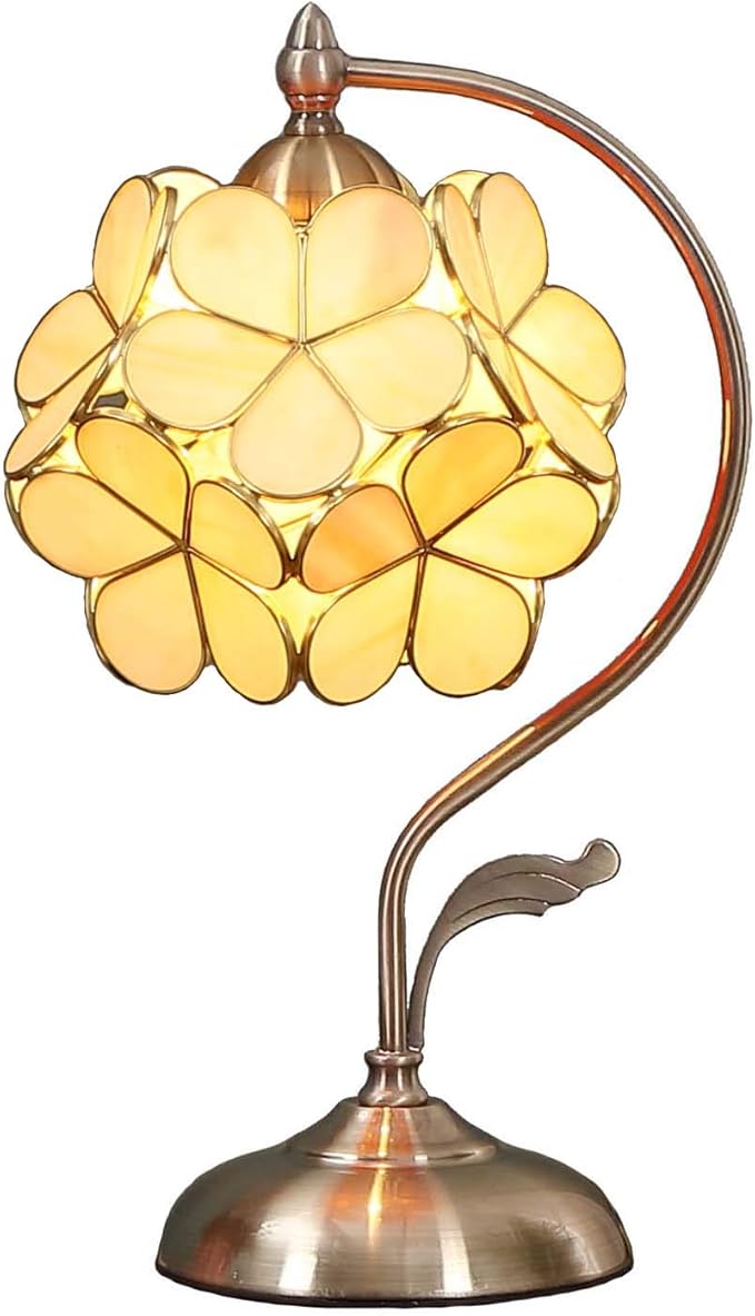 Bieye L10754 Tiffany Style Stained Glass Flower Petal Table Lamp with Brass Base for Home Décor (Cream, 8" Cherry Blossom)