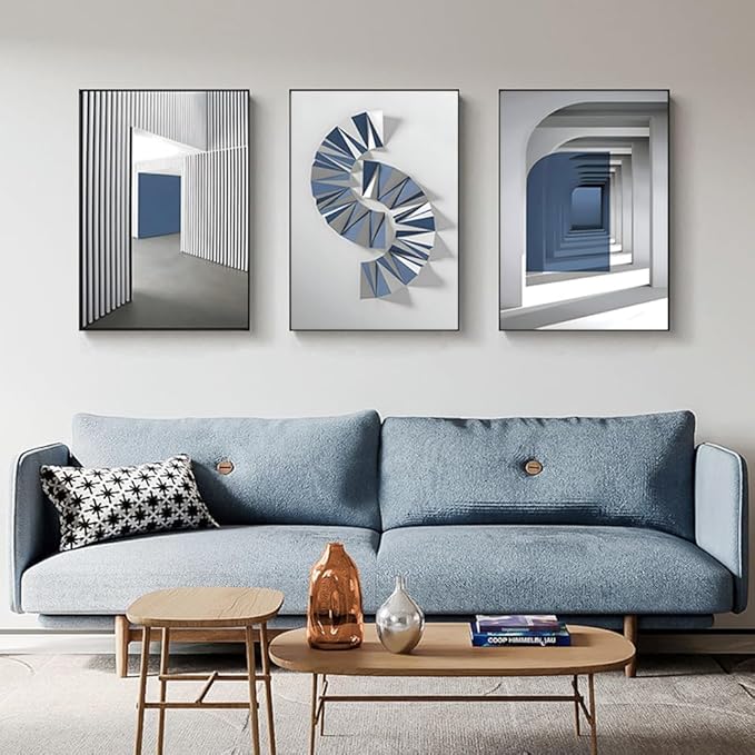 ARTFEB Blue Canavs Wall Art for Living Room 3 Pieces Abstract Blue and White Painting Canvas Print Framed Artwork Set for Bedroom Navy Blue Wall Decor(24" X 32" X 3 pieces)