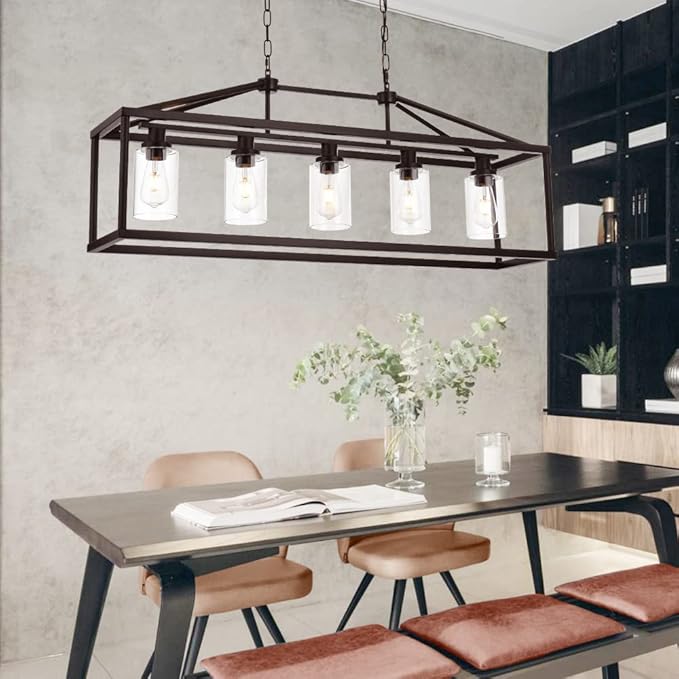 BONLICHT Industrial Rustic Farmhouse Chandelier 5 Light Modern Rectangle Dining Room Light Fixture Hanging Oil Rubbed Bronze Kitchen Island Cage Pendant Lighting with Clear Glass Shade for Hallway Bar