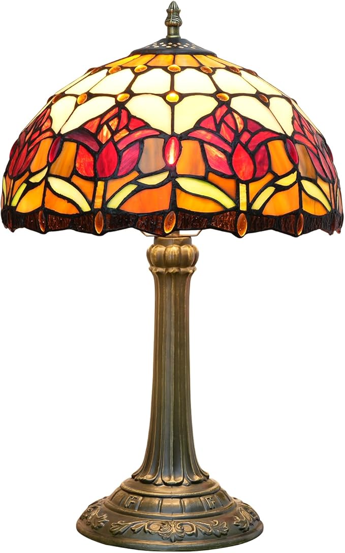 Red Tulip Tiffany Style Stained Glass Table Lamp Bed Room Bedside Reading Desk Light for Living Office Dormitory Bar Retro Unique Cute Accent Decor Cottage 12" Village Gift Nightstand Lamps