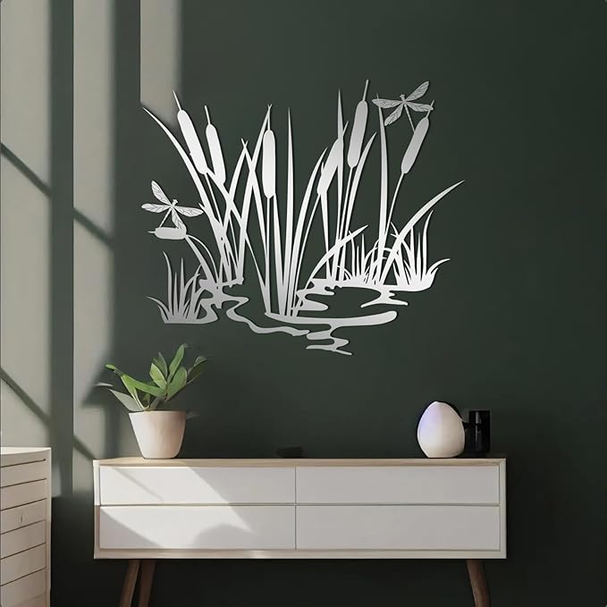EANHIPE Metal Cattails & Dragonfly Wall Art, Cattails Metal Wall Art, Rustic Farmhouse Decor, Nature Themed Decor for Living Room, Bedroom, Bathroom, Housewarming Gift (White, 39"x34"/100x85cm)