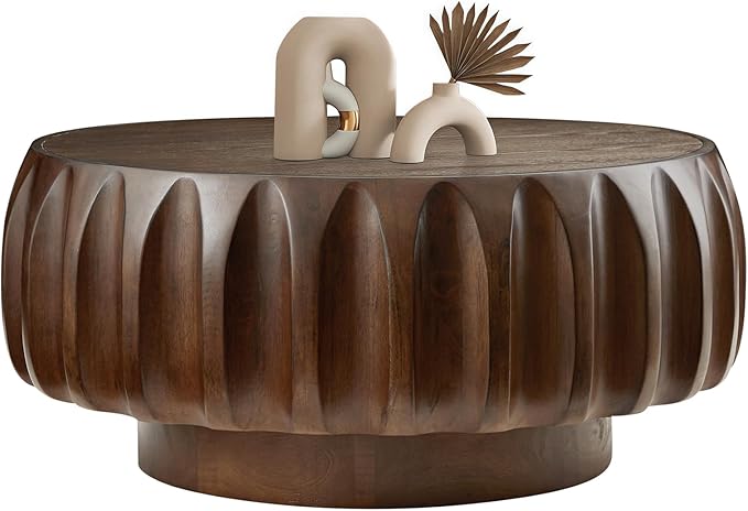 LKTART 31.5" Round Coffee Table Drum Table Contemporary Wood Fluted Centry Table with Solid Wood Veneer for Living Room (Walnut)