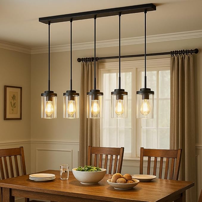 MELUCEE Kitchen Island Lighting Modern 5 Lights Linear Chandeliers for Dining Room, Industrial Black Pendant Light Fixtures Ceiling Hanging with Clear Glass Shade, 37 Inches Length