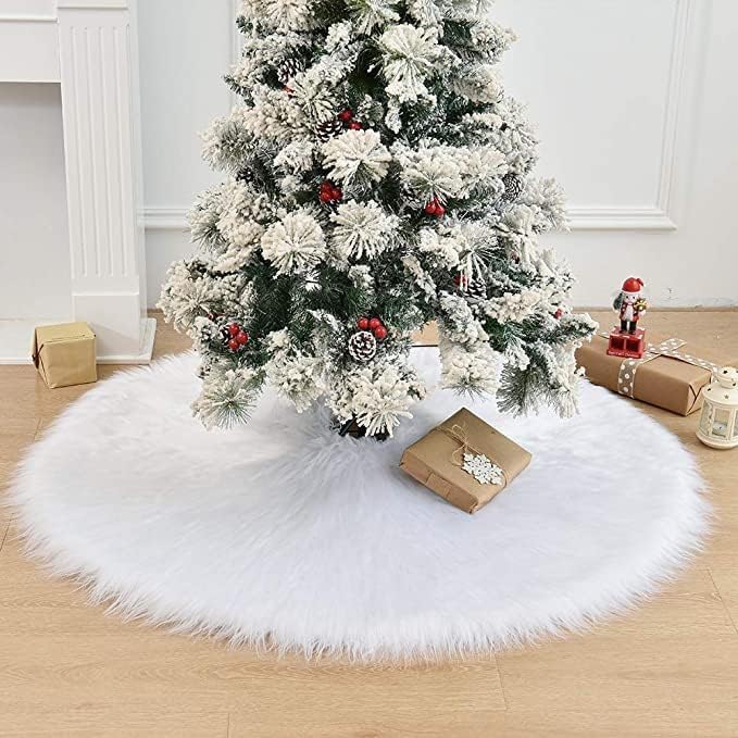60 Inch Christmas Tree Skirt, Extra Large Thick Faux Fur, White Plush Velvet for Merry Christmas Party Decor