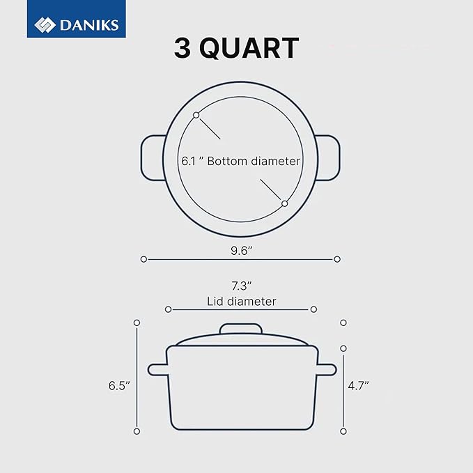 Daniks Standard 3 Quart Stainless Steel Stock Pot with Glass Lid, Try-Ply Bottom for Even Heating, Induction Compatible, Dishwasher Safe, Built-In Measuring Scale, Silver