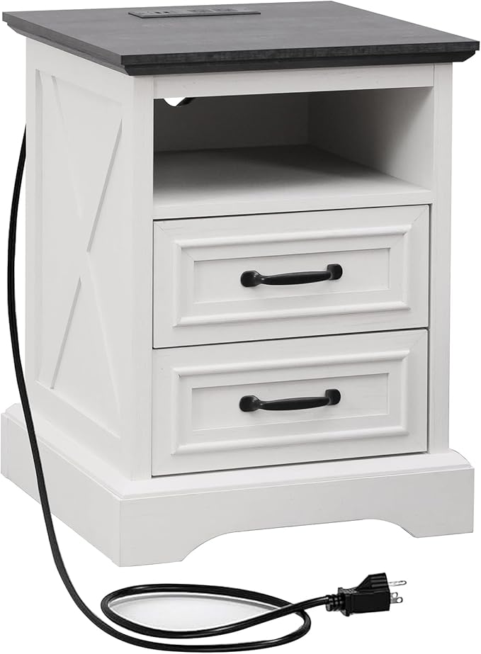 ALBAD Farmhouse Nightstand with Charging Station Rustic Bedside Table with 2 Drawers and Cubby Storage End Table with Metal Handle for Bedroom Office, Antique White