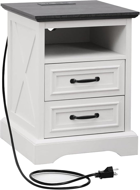 ALBAD Farmhouse Nightstand with Charging Station Rustic Bedside Table with 2 Drawers and Cubby Storage End Table with Metal Handle for Bedroom Office, Antique White