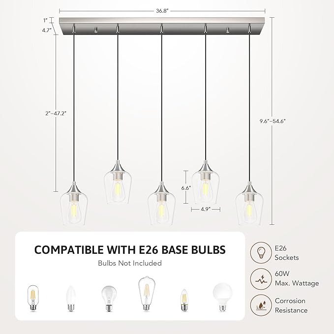 VONLUCE Pendant Lights Kitchen Island, Brushed Nickel Pendant Light Fixtures with E26 Base & Adjustable Cable, Modern Pendant Lighting with Glass Shade for Living Room Bedroom Hallway, 5 Packs