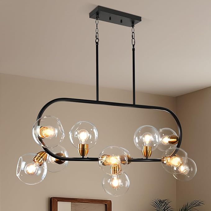 Linear Chandelier for Dining Room 45'' Black and Gold Island Lights Rectangle Dining Room Light Fixture 11-Light Modern Farmhouse Chandelier with Clear Glass Large Mid Century Island Pendant Light