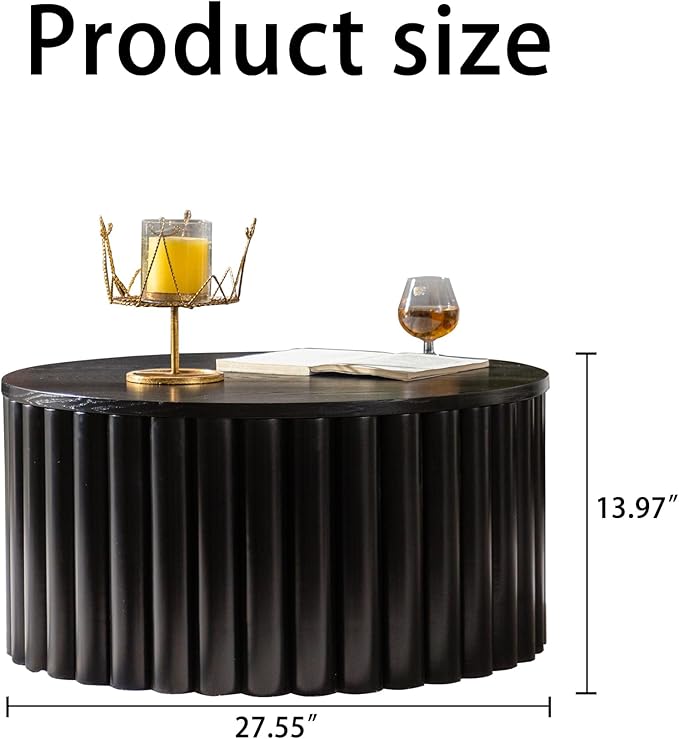 27.56" Round Lift-Top Coffee Table, Modern Fluted Tea Table with Hidden Storage for Living Room, Apartment or Office, Black