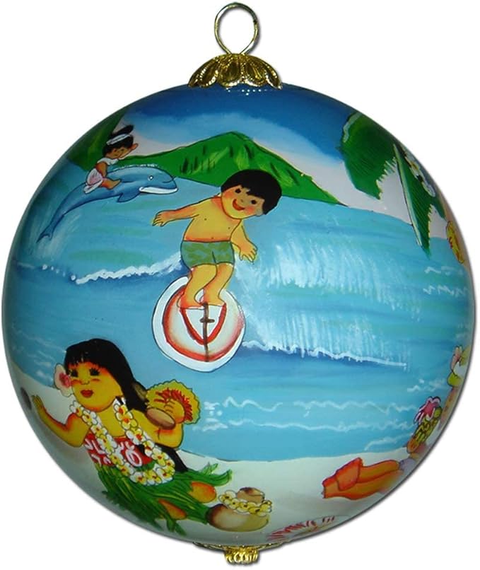 Adorable Hula Kids Collectible Ornament Aloha Kauai Hand Painted Glass with Gift Box CP/K