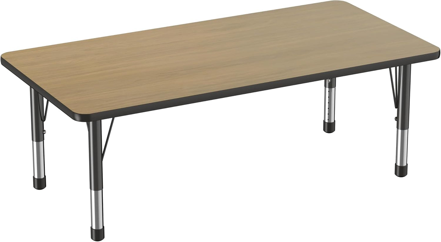 Factory Direct Partners FDP Rectangle (30 x 60 inch) Classroom Table with Adjustable Chunky Toddler Legs (15-24 in); Preschool, Kinder and Daycare Furniture - Pasadena Oak Top/Black Edge and Legs