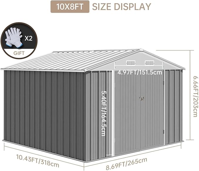 10X8FT Metal Storage Shed - Large Waterproof Tool Metal Shed with Lockable Doors & Vents, All-Weather Outdoor Sheds for Lawn Mower, Bike
