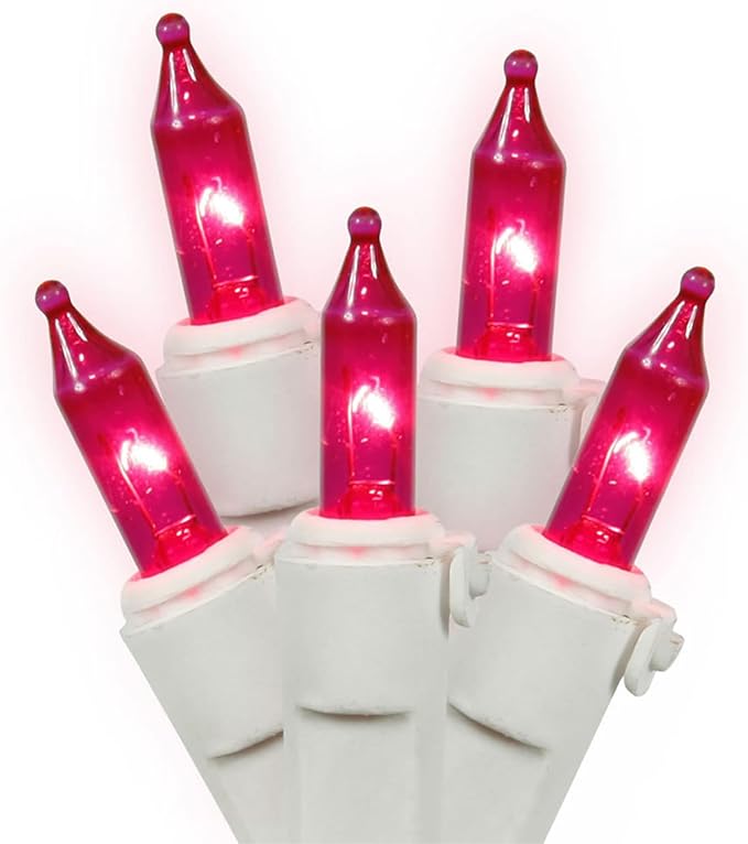 Vickerman 100 Lights Pink White Wire End Connecting Lock Set with 4-Inch Spacing and 33-Feet Length, Comes in Box