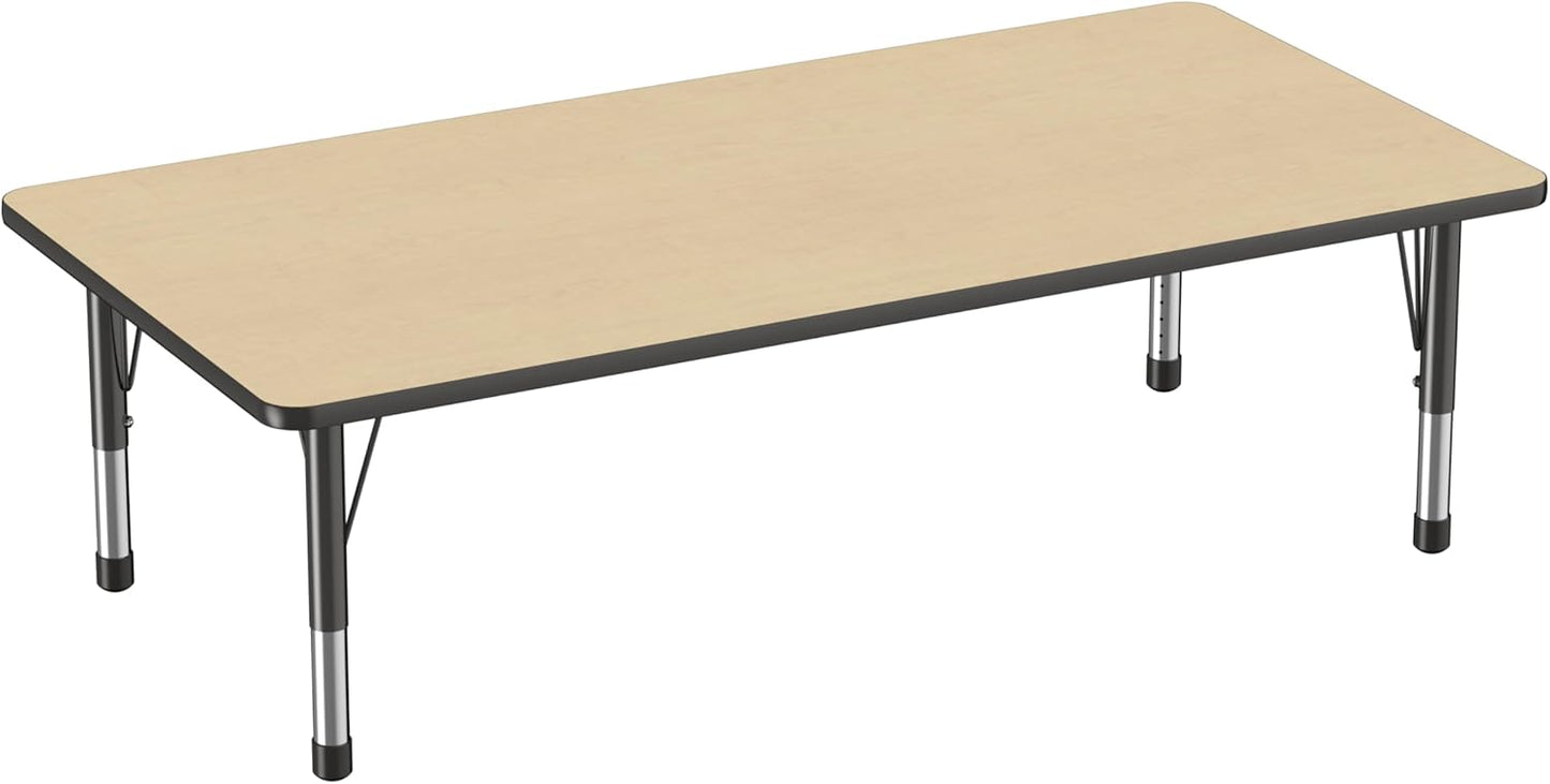 FDP Rectangle Activity School and Classroom Kids Table (36 x 72 inch), Toddler Legs, Adjustable Height 15-24 inches - Maple Top and Black Edge