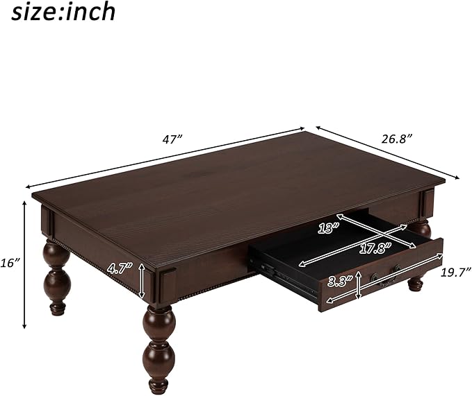 Amposei Retro Coffee Table 47’’ Vintage Wooden Cocktail Center Table with 1 Storage Drawer & Solid Wood Legs for Living Room, No Assembly, Espresso