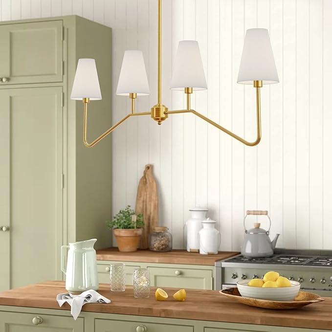 Electro bp;47" W 4-Light Linear Kitchen Island Lighting Fixture Classic Chandeliers Polished Gold with White Linen Shades for Dining Table,E12,160W