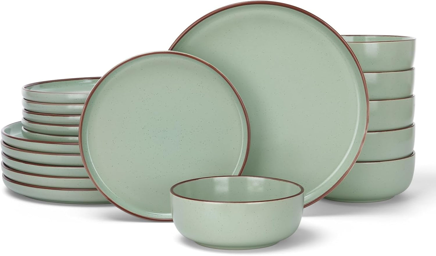 Famiware Mercury Plates and Bowls Sets, 18 Pieces Stoneware Dinnerware Sets, Dishes Set for 6, Microwave and Dishwasher Safe, Light Green