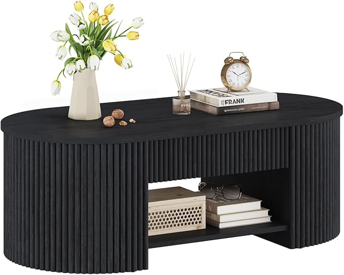 FATORRI Coffee Table for Living Room Storage, Modern Wood Fluted Center Table with Drawer, Mid-Century Oval Living Room Tables with Shelf (Black, 43.31 Inch)