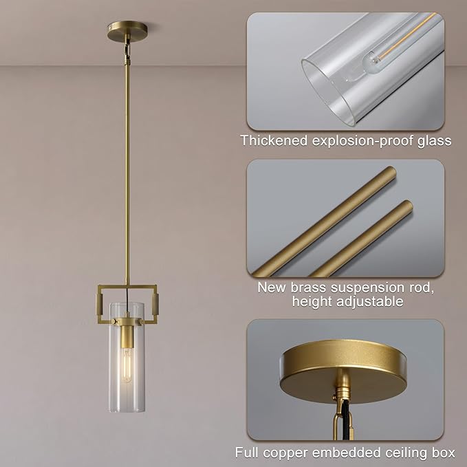 Brass Pendant Lights Kitchen Island, Modern Gold Pendant Lights,12Inch Glass Kitchen Pendant Lighting Over Island,Farmhouse Island Lights for Kitchen,Bathroom,Bedroom
