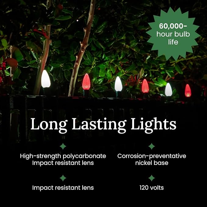 Pro Christmas C9 LED Christmas Light Kit for Rooflines & Pathways – DIY Cut to Length, Outdoor Commercial Grade (Green Wire w/Vampire Plugs, 50 Bulbs, 50 ft) Cool White and Red