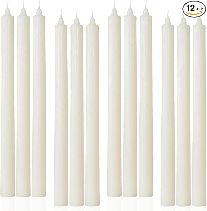 Ribbed Ivory Taper Candles 10.5 inch Dripless Cream Tapered Candles Ideal as Dinner Candle Smokeless Unscented Long Burning Tall Candlesticks，Set of 12