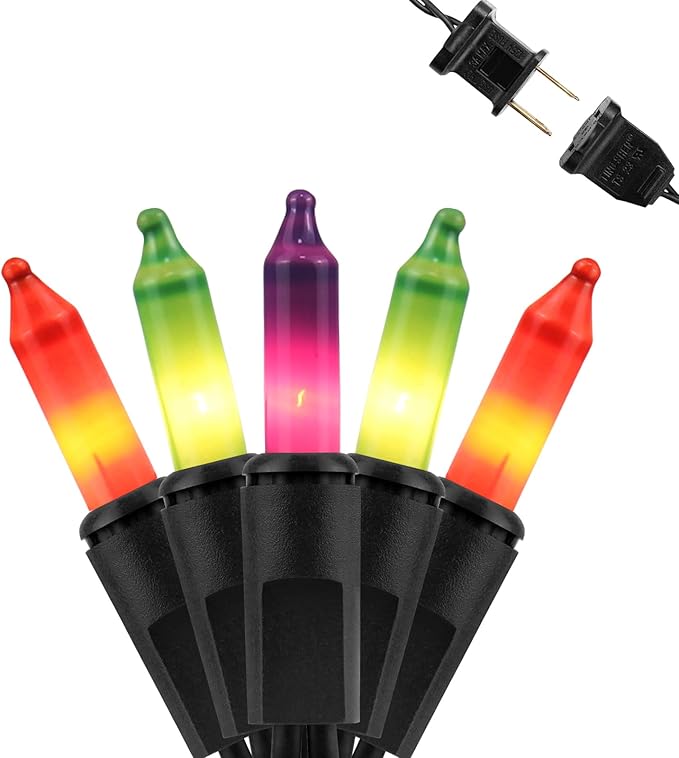 Christmas Lights– 100 Count Mini Purple Orange & Green Incandescent String Lights, 26.5ft Black Wire, UL Listed, Connectable up to 125ft, for Indoor & Outdoor Home Decor