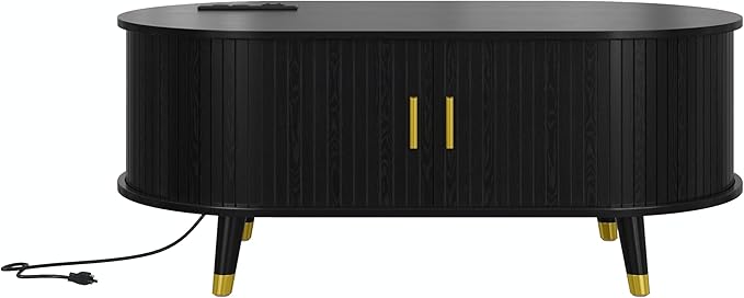 WILLIAMSPACE 42.5" Oval Coffee Table with Storage & Charging Station, Mid-Century Modern Center Table with Sliding Tambour Door, Farmhouse Tea Table with Solid Wood Legs for Living Room, Black
