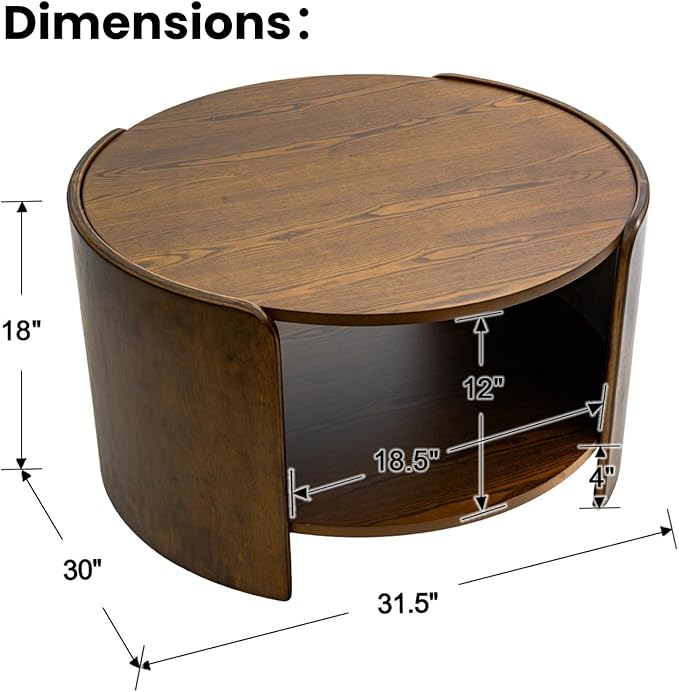 DUOMAY Wood Coffee Table, 31.5" Round Coffee Table with Storage Shelf Mid Century Modern Center Table for Living Room Apartment, Walnut Color