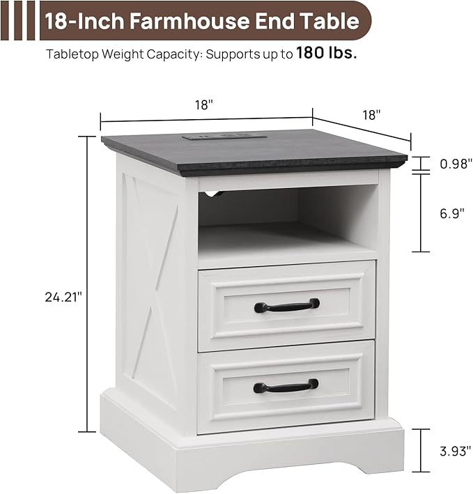 ALBAD Farmhouse Nightstand with Charging Station Rustic Bedside Table with 2 Drawers and Cubby Storage End Table with Metal Handle for Bedroom Office, Antique White