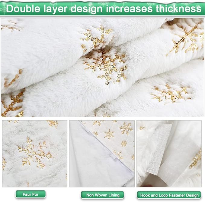 Christmas Tree Skirts - Vonhen 72 inches Large Faux Fur Christmas Tree Skirt for Merry Christmas Party Christmas Tree Decoration with Sequin Gold Snowflakes