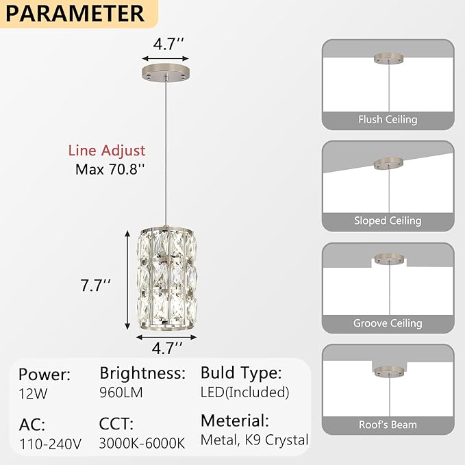 1-Lights Modern Crystal Pendant Lights for Kitchen Island LED Dimmable Glam Pendant Lighting Chandelier for Dining Room Hallway Corner Lamp Nickel