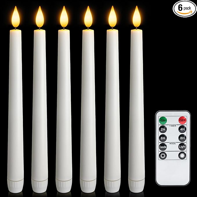 6 Pcs Flameless Taper Candles with Remote and Timer, 9.6 Inches Plastic LED Candlesticks, White Battery Operated Window Candles, for Home Wedding Christmas Party Decoration