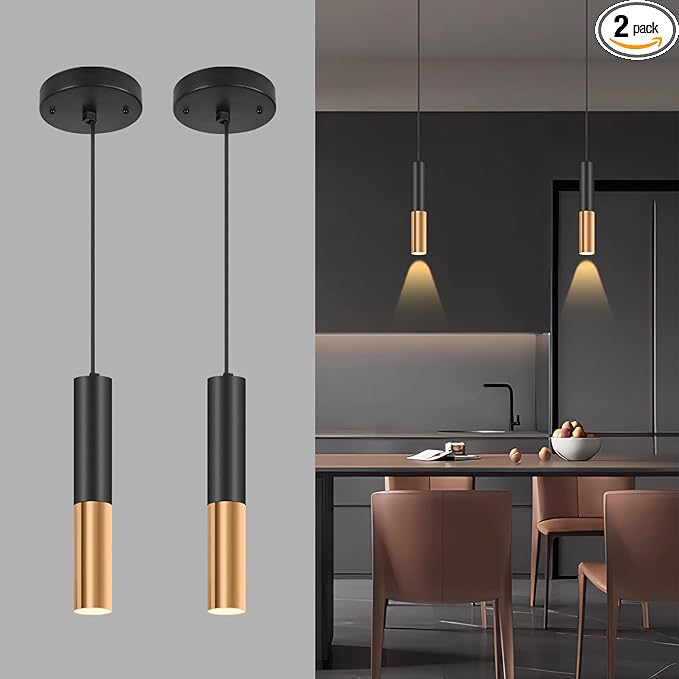 Simple and Modern Black Cylindrical Pendant, 1-Light Chandelier with Adjustable Rope, Matching GU10 Sockets for Living Room, Bedroom and Dining Room (Wide Beam Angle) (2 Pack)