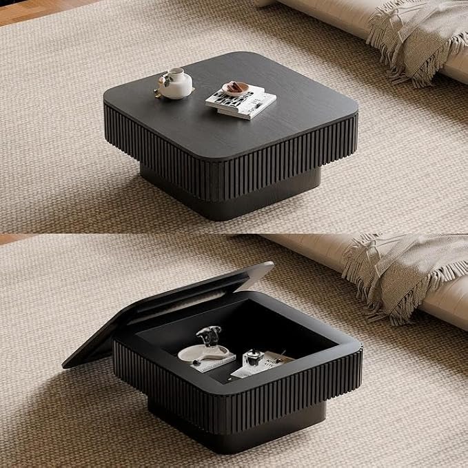 31.5" Square Coffee Table with Hidden Storage Compartment, Modern Handcraft Fluted Drum Coffee Table, Wooden Square Center Table Cocktail Tea Table with Sturdy Pedestal for Living Room, Black