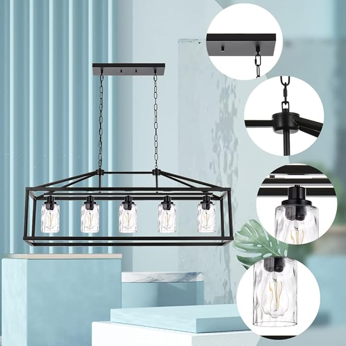 BONLICHT Black Farmhouse Chandeliers Rectangle 5 Light Modern Kitchen Island Pendant Light with Clear Water Glass Industrial Linear Dining Room Lighting Fixture Hanging Flush Mount Ceiling Lights