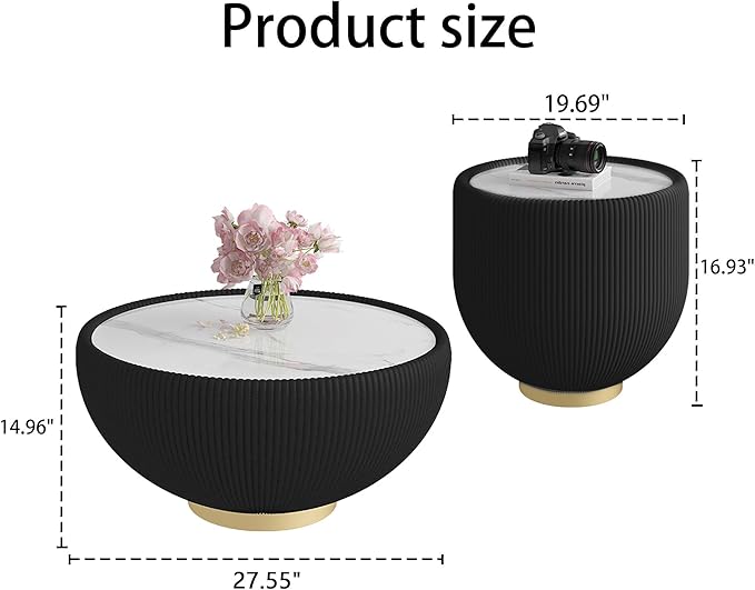Round Living Room Table Set, 27.56" Black Drum Center Table and 19.69" Black Coffee Table Set, 2 Pieces Coffee Table Set with Sintered Stone Tabletop, Fluted PU Leather Covered and Metal Base
