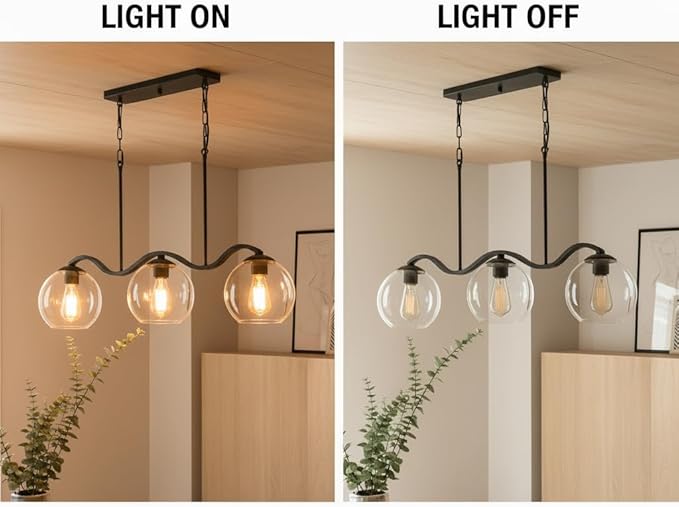 3-Light Black Pendant Light & Semi Flush Mount Ceiling Light, Industrial Farmhouse Linear Chandelier for Kitchen Island, Dining Room, Glass Globe Hanging Fixture