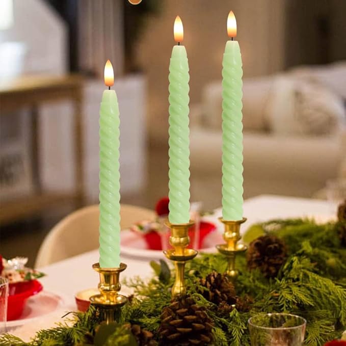 Flameless Taper Candles Green Pastel Flickering with Remote Timer, Battery Operated Warm 3D Wick LED Spiral Candles 6 Pack 9.8" Real Wax Wedding Home Birthday Spring Decor
