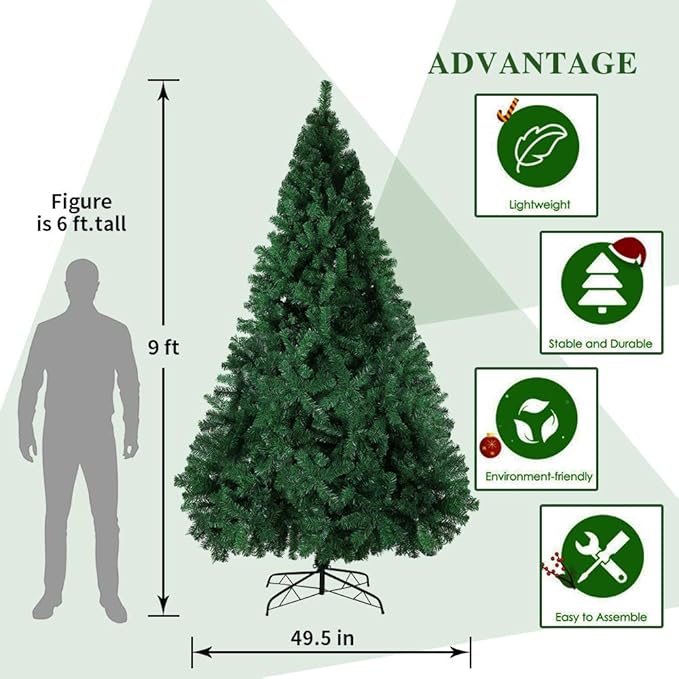 BESTHLS 9ft Christmas Tree Premium Artificial Pine Christmas Tree with1850 Branch Tips Sturdy Stand and Ribbon Decorations for Holiday Home Party 9 Feet