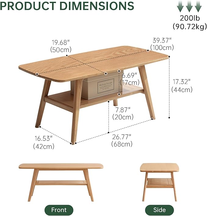 100% Solid Oak Wood Coffee Table for Living Room, 2-Tier Small Coffee Tables with Shelf Storage, Mid Century Modern Table with Rounded Corners (Natural, 39.37" x 19.68" x 17.32")