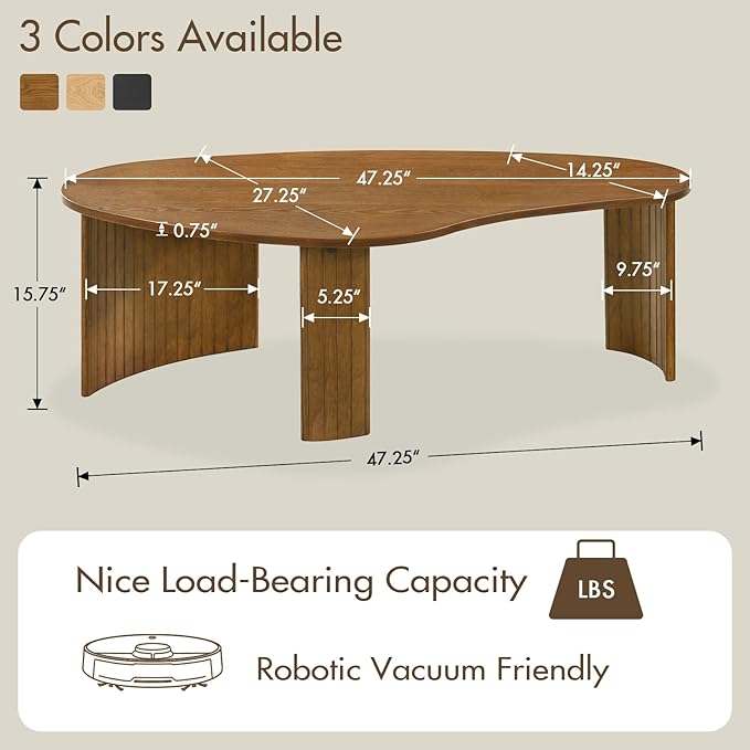 Mid Century Modern Walnut Coffee Table 47.25 Inch for Living Room, Sturdy Wood Center Table with Irregular Mango Top and Fluted Legs for Small Apartment