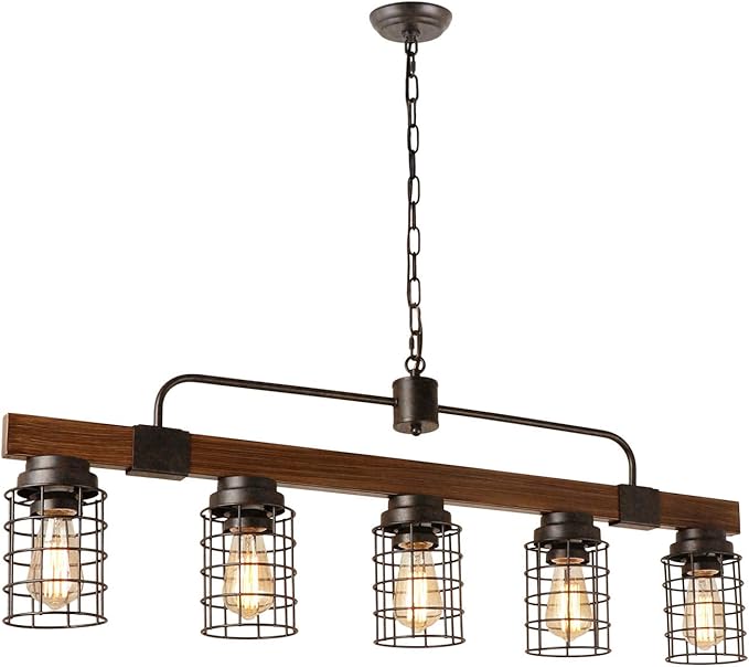 Giluta Industrial Linear Kitchen Island Light, 5-Light Farmhouse Chandelier with Rustic Metal Mesh Cage, Pendant Lighting Fixture for Kitchen Island Dining Room Pool Table Living Room