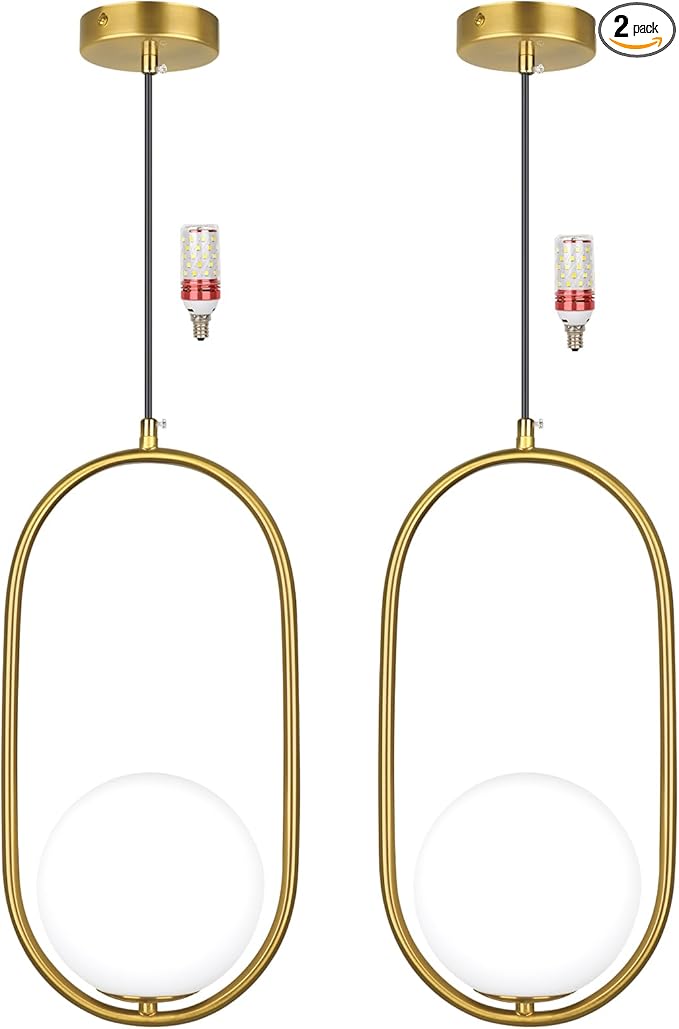 lobolighting Pendant Light Fixtures, 2 Pack Modern Gold Pendant Lighting Adjustable Height Mid Century Chandelier, Frosted Glass Globe Single Hanging Light for Kitchen Island Dining Room Bedroom