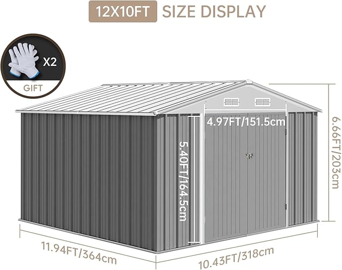 12X10FT Metal Storage Shed - Large Waterproof Tool Metal Shed with Lockable Doors & Vents, All-Weather Outdoor Sheds for Lawn Mower, Bike